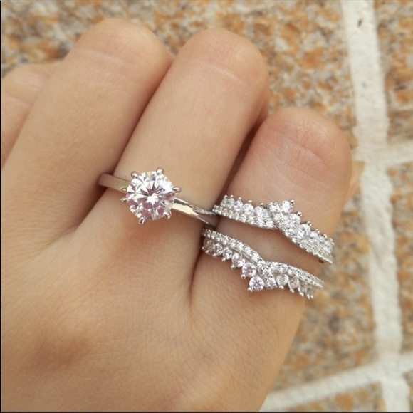 𝅺COPY - 925 Silver Moissanite Engagement Ring Wedding Band Set - Picture 2 of 9